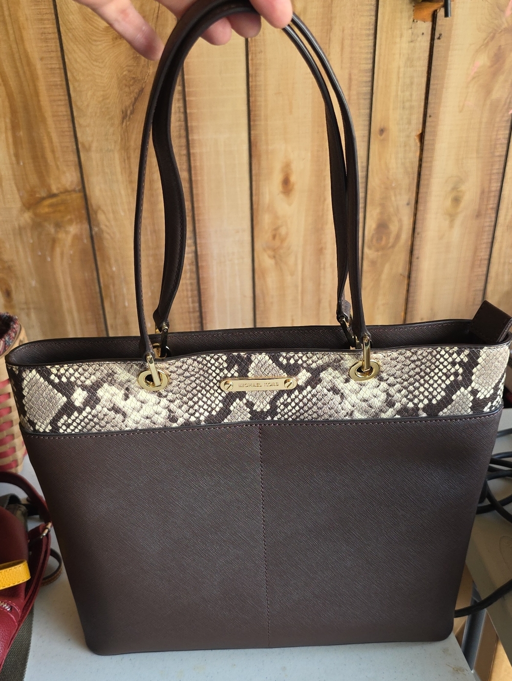 Michael Kors Dark Brown Tote with Snake-Print Trim